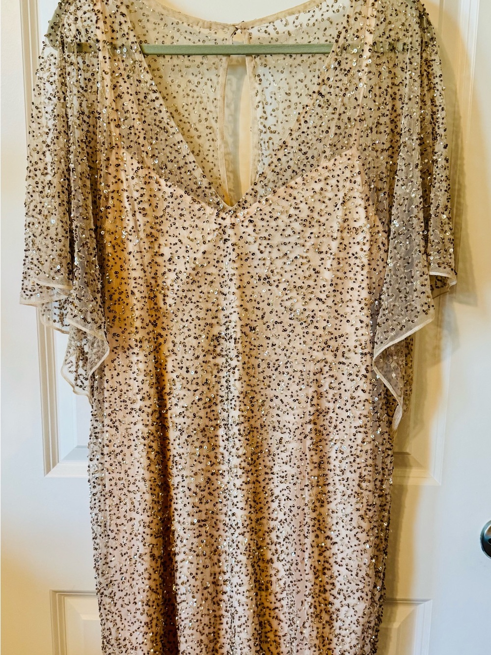 JS collections champagne gold sequin cocktail dress with flutter sleeves size L